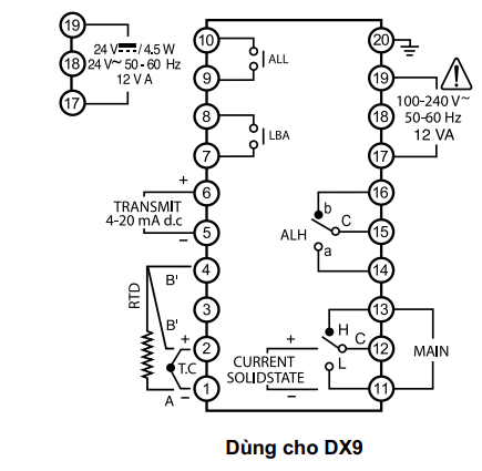 Sơ đồ đấu dây bộ điều khiển nhiệt độ Hanyoung DX9-KMWAR